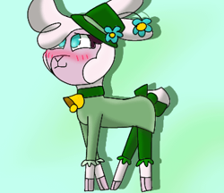 Size: 370x320 | Tagged: safe, artist:pomdb, derpibooru import, pom lamb, sheep, them's fightin' herds, bell, bell collar, blushing, bow, clothes, collar, community related, dress, female, flower, gradient background, hat, shadow, solo, tail, tail bow