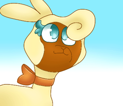 Size: 370x320 | Tagged: safe, artist:pomdb, derpibooru import, sheep, them's fightin' herds, community related, female, gradient background, npc, ribbon, smiling, solo