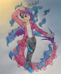 Size: 828x1005 | Tagged: safe, artist:adeanthepurpledragon, derpibooru import, oc, oc:adean the draconequus, draconequus, human, disguise, human to draconequus, traditional art, transformation