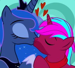 Size: 877x800 | Tagged: safe, artist:jennieoo, derpibooru import, princess luna, oc, oc:breezy sleeplist, alicorn, pony, unicorn, commission, eyes closed, horn, kiss on the lips, kissing, show accurate, vector, ych example, ych result, your character here