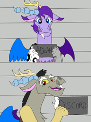 Size: 827x1104 | Tagged: safe, artist:adeanthepurpledragon, derpibooru import, discord, oc, oc:adean the draconequus, draconequus, barbie mugshot meme, meme, mugshot