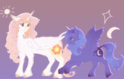 Size: 1578x1012 | Tagged: safe, artist:fealcity, derpibooru import, princess celestia, princess luna, alicorn, pony, duo, pink-mane celestia, young celestia, young luna, younger