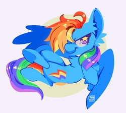 Size: 1917x1714 | Tagged: safe, artist:pastacrylic, derpibooru import, rainbow dash, pegasus, pony, g4, abstract background, alternate cutie mark, chest fluff, circle background, crossed legs, ear fluff, ears, female, flying, looking at you, mare, redraw, signature, smiling, smiling at you, solo, spread wings, starry eyes, wingding eyes, wings