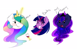 Size: 3400x2245 | Tagged: dead source, safe, artist:magnaluna, derpibooru import, princess celestia, princess luna, twilight sparkle, twilight sparkle (alicorn), alicorn, pony, g4, ^^, alcohol, blob, blob ponies, blush sticker, blushing, chibi, crown, curved horn, cute, ear fluff, ears, eyes closed, female, glass, glowing, glowing horn, grin, high res, horn, jewelry, levitation, magic, magic aura, mare, open mouth, regalia, royal sisters, siblings, simple background, sisters, smiling, telekinesis, trio, trio female, white background, wine, wine glass