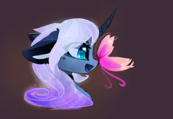 Size: 1506x1036 | Tagged: safe, artist:magnaluna, derpibooru import, princess luna, alicorn, butterfly, pony, g4, alternate design, alternate hairstyle, beautiful, bust, butterfly on nose, chest fluff, color porn, curved horn, cute, daaaaaaaaaaaw, ear fluff, ears, eye clipping through hair, female, floppy ears, happy, heart, heart eyes, horn, insect on nose, looking at something, lunabetes, mare, missing accessory, open mouth, open smile, portrait, profile, side view, simple background, smiling, solo, white-haired luna, wingding eyes, zefiros codex