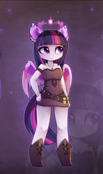 Size: 1196x2016 | Tagged: safe, alternate version, artist:magnaluna, derpibooru import, twilight sparkle, twilight sparkle (alicorn), alicorn, anthro, unguligrade anthro, g4, ambiguous facial structure, belt, belt buckle, boots, breasts, cheek fluff, clothes, colored wings, corset, cute, cutie mark accessory, cutie mark necklace, dress, ear fluff, ears, eyebrows, eyebrows visible through hair, female, headlight sparkle, jewelry, looking at something, multicolored wings, necklace, scroll, shoes, smiling, solo, spread wings, twiabetes, wings, zoom layer