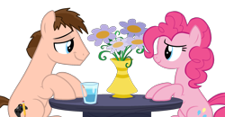 Size: 2082x1086 | Tagged: safe, artist:rogan140, derpibooru import, pinkie pie, oc, oc:braden, earth pony, pony, g4, canon x oc, duo, duo male and female, female, flower, glass, looking at each other, looking at someone, male, mare, shipping, show accurate, simple background, stallion, straight, style emulation, table, transparent background, vase