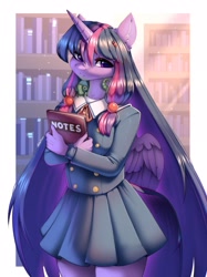 Size: 1535x2048 | Tagged: safe, artist:alphadesu, derpibooru import, twilight sparkle, twilight sparkle (alicorn), alicorn, anthro, g4, book, bookshelf, border, chameleon, clothes, female, legs together, library, long mane, looking at you, mare, notes, passepartout, school uniform, skirt, solo