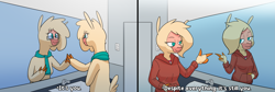 Size: 3691x1245 | Tagged: safe, artist:hitsuji, derpibooru import, oc, oc only, oc:shio (hitsuji), alpaca, anthro, bathroom, clothes, cloven hooves, community related, glasses, hoodie, mirror, pointing at self, reference, scarf, solo, text, undertale