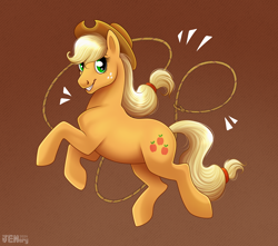 Size: 2000x1765 | Tagged: safe, artist:jenery, derpibooru import, applejack, earth pony, pony, g4, applejack's hat, clothes, cowboy hat, emanata, female, gradient background, grin, hat, lasso, mare, rope, smiling, solo