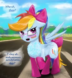 Size: 2400x2599 | Tagged: safe, artist:chopsticks, derpibooru import, rainbow dash, pegasus, pony, g4, angry, bandaid, blatant lies, blushing, bow, cheek fluff, chest fluff, chipped tooth, clothes, cloud, cute, dashabetes, denial's not just a river in egypt, dialogue, female, hair bow, looking at you, madorable, mare, mountain, mountain range, open mouth, ponytail, rainbow dash always dresses in style, raised hoof, raised leg, runway, scuff mark, sky, socks, solo, sparkles, speech bubble, spread wings, stuttering, tail, tail bow, talking to viewer, text, torn wings, wings
