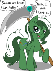 Size: 600x800 | Tagged: safe, artist:drakovyte, derpibooru import, oc, oc only, earth pony, pony, 2015, earth pony oc, frown, green coat, green eyes, green hair, green tail, holding, mare oc, open mouth, open smile, reference sheet, scythe, simple background, smiling, solo, tail, transparent background, two toned mane, two toned tail, white hair, white tail