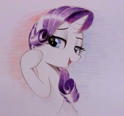 Size: 2265x2117 | Tagged: safe, artist:mizhisha, derpibooru import, rarity, pony, g4, colored pencil drawing, looking back, playing with hair, solo, traditional art