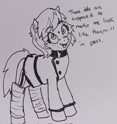 Size: 1934x2048 | Tagged: safe, artist:pony quarantine, derpibooru import, oc, oc only, earth pony, pony, clothes, dialogue, female, grayscale, jacket, mare, monochrome, open mouth, open smile, pen drawing, smiling, solo, traditional art