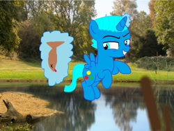 Size: 2352x1776 | Tagged: safe, artist:memeartboi, derpibooru import, oc, oc only, alicorn, fish, pony, g4, alicorn oc, alicornified, alternate universe, colt, dead, foal, glowing, glowing horn, grass, grin, gumball watterson, horn, lake, male, ponified, race swap, sinister smile, smiling, solo, species swap, spread wings, the amazing world of gumball, theory, tree, water, wings