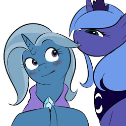 Size: 280x280 | Tagged: safe, artist:kloudmutt, derpibooru import, princess luna, trixie, g4, biting, blushing, digital art, duo, duo female, female, s1 luna, shipping, simple background, white background