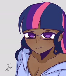 Size: 1775x2048 | Tagged: safe, artist:eltrash_art6, derpibooru import, twilight sparkle, human, g4, bedroom eyes, blushing, clothes, cute, dark skin, female, glasses, gray background, humanized, messy hair, shirt, simple background, solo, twiabetes