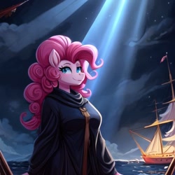 Size: 768x768 | Tagged: safe, ai content, derpibooru import, generator:stable diffusion, machine learning generated, pinkie pie, anthro, boat, clothes, coat, night, ocean, prompter:chillyhooves, sailing, ship, solo, water