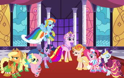 Size: 1024x646 | Tagged: safe, artist:90sigma, artist:beta-failure, artist:hikarisah, artist:naaieditions, artist:pegasus-drake, derpibooru import, applejack, fluttershy, pinkie pie, princess cadance, rainbow dash, rarity, twilight sparkle, twilight sparkle (alicorn), oc, oc:pizza pie, alicorn, earth pony, pegasus, pony, unicorn, fanfic:full friendship's magic, g4, canterlot, clothes, dress, gala dress, horn, pizza pie