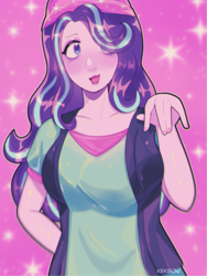 Size: 1611x2148 | Tagged: safe, artist:kekibon, derpibooru import, starlight glimmer, human, equestria girls, g4, :p, arm behind back, arms, beanie, blushing, breasts, bust, clothes, cute, eyelashes, eyeshadow, female, fingers, glimmerbetes, hair over one eye, hand, hat, lipstick, long hair, makeup, open mouth, open smile, shirt, short sleeves, smiling, solo, standing, teenager, tongue, tongue out, vest