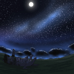 Size: 1500x1500 | Tagged: safe, artist:valthonis, derpibooru import, oc, oc only, oc:dima, oc:valsie, pegasus, pony, unicorn, duo, horn, lying down, moon, night, on back, scenery, scenery porn, sky, starry night, stars