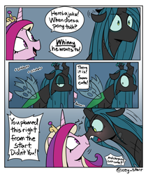 Size: 2576x3038 | Tagged: safe, artist:icey, derpibooru import, princess cadance, queen chrysalis, alicorn, changeling, changeling queen, pony, angry, blushing, boop, chirping, comic, crown, duo, duo female, female, high res, jewelry, joke, mare, nose wrinkle, noseboop, pun, queen chrysalis is not amused, regalia, trolldance, tsundalis, tsundere, unamused