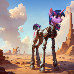 Size: 1216x1216 | Tagged: safe, ai content, derpibooru import, generator:pony diffusion v6 xl, generator:stable diffusion, machine learning generated, twilight sparkle, unicorn twilight, cyborg, pony, robot, robot pony, unicorn, g4, desert, female, prompter:star-dragon, roboticization, science fiction, solo, twibot