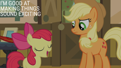 Size: 2000x1125 | Tagged: safe, derpibooru import, edit, edited screencap, editor:quoterific, screencap, apple bloom, applejack, earth pony, pony, g4, pinkie apple pie, season 4, applejack's hat, clothes, cowboy hat, duo, duo female, eyes closed, female, filly, foal, hat, mare, quill, sweet apple acres