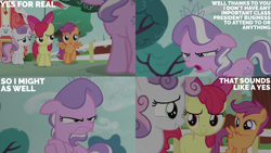 Size: 2000x1125 | Tagged: safe, derpibooru import, edit, edited screencap, editor:quoterific, screencap, apple bloom, diamond tiara, scootaloo, sweetie belle, earth pony, pegasus, pony, crusaders of the lost mark, g4, season 5, cutie mark crusaders, female, fence, filly, foal, ponyville schoolhouse