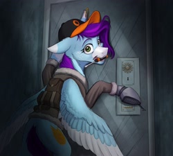 Size: 3329x3000 | Tagged: safe, artist:klarapl, derpibooru import, oc, oc only, oc:periwinkle, pegasus, pony, fallout equestria, backpack, baseball cap, bipedal, bipedal leaning, blaze (coat marking), bobby pin, cap, caught, clothes, coat markings, colored eartips, colored wings, door, ear piercing, earring, ears, facial markings, female, floppy ears, freckles, hat, jacket, jewelry, leaning, lock, lockpicking, looking at you, looking back, mare, mouth hold, multicolored wings, pegasus oc, piercing, raised hoof, raised leg, screwdriver, shoes, solo, spread wings, standing, surprised, sweat, sweatdrop, wings