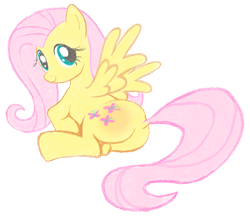 Size: 1319x1141 | Tagged: safe, alternate version, artist:jenokamui, derpibooru import, fluttershy, pegasus, pony, butt, explicit source, featureless crotch, female, flutterbutt, looking back, lying down, mare, on side, plot, simple background, smiling, solo, spread wings, transparent background, wings