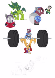 Size: 2048x2897 | Tagged: safe, artist:house-of-tykayl, derpibooru import, alicorn, bat pony, changeling, cyborg, earth pony, hybrid, pony, robot, robot pony, unicorn, bat pony unicorn, beast boy, book, cannon, clothes, costume, cyborg (dc comics), cyborg pony, dc comics, disguise, disguised changeling, horn, large wings, mask, ponified, raven (dc comics), robin, roboticization, species swap, starfire, teen titans, teen titans go, weight lifting, weights, wings