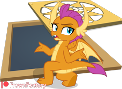 Size: 3000x2186 | Tagged: safe, artist:frownfactory, derpibooru import, smolder, dragon, g4, what lies beneath, dragoness, female, kneeling, looking at you, looking back, shrug, simple background, solo, transparent background, vector, wings