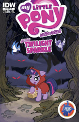 Size: 400x615 | Tagged: safe, artist:tony fleecs, derpibooru import, idw, twilight sparkle, unicorn twilight, bird, pony, unicorn, g4, basket, comic cover, cover, cover art, dead tree, ears, female, filly, filly twilight sparkle, floppy ears, foal, footprint, forest, glowing, glowing eyes, glowing eyes of doom, hood, little red riding hood, micro-series #1, my little pony logo, my little pony micro-series, nature, open mouth, outdoors, red eyes, scared, solo, tail, tree, variant cover, younger