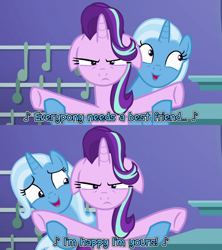 Size: 1920x2160 | Tagged: safe, artist:not-yet-a-brony, derpibooru import, edit, edited screencap, screencap, starlight glimmer, trixie, all bottled up, g4, duo, duo female, ears, female, floppy ears, lyrics, lyrics in the description, singing, song, song in the description, song reference, starlight glimmer is not amused, text, trixie's puppeteering, unamused, youtube link in the description