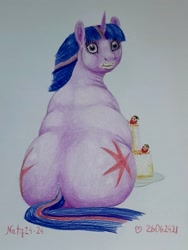 Size: 2057x2742 | Tagged: safe, artist:soobel, derpibooru import, twilight sparkle, unicorn twilight, pony, unicorn, atg 2024, cake, eating, fat, female, food, looking at you, looking back, looking back at you, mare, newbie artist training grounds, obese, solo, traditional art, twilard sparkle