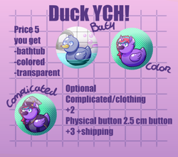 Size: 2680x2367 | Tagged: safe, artist:morrigun, derpibooru import, oc, oc only, bird, duck, buttons, clothes, commission, cute, description is relevant, final fantasy, hat, horn, solo, text, wizard hat, ych example, ych result, your character here