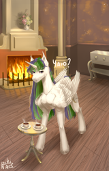 Size: 2049x3207 | Tagged: safe, artist:pikinas13, derpibooru import, oc, oc only, oc:sally whitesnow, alicorn, pony, cup, cyrillic, fire, fireplace, food, solo, tea, teacup