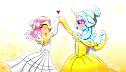 Size: 2877x1648 | Tagged: safe, artist:questionmarkdragon, derpibooru import, scootaloo, oc, oc:jemimasparkle, alicorn, pony, ^^, alternate hairstyle, belle, canon x oc, clothes, cute, cutealoo, dancing, dress, duo, evening gloves, eyes closed, female, gloves, gown, heart, holding hooves, lesbian, long gloves, looking at each other, looking at someone, open mouth, open smile, smiling, smiling at each other