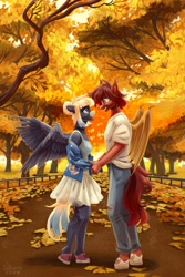 Size: 2600x3900 | Tagged: safe, artist:teaflower300, derpibooru import, oc, oc only, anthro, bat pony, pegasus, unguligrade anthro, autumn, bat pony oc, female, male, pegasus oc, straight