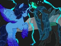 Size: 2048x1536 | Tagged: artist needed, safe, derpibooru import, queen chrysalis, oc, oc:blue thunder, alicorn, pony, alicorn oc, dark background, duo, fight, horn, lightning, wings