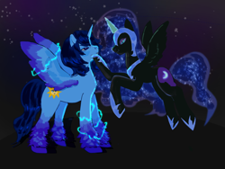 Size: 2048x1536 | Tagged: artist needed, safe, derpibooru import, nightmare moon, oc, oc:blue thunder, alicorn, pony, alicorn oc, duo, fight, horn, night, night sky, sky, wings