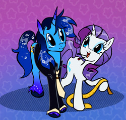 Size: 1292x1233 | Tagged: artist needed, source needed, safe, derpibooru import, rarity, oc, oc:blue thunder, alicorn, pony, unicorn, alicorn oc, clothes, duo, happy, horn, measuring tape, necktie, pin, suit, wings