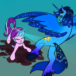 Size: 2048x2048 | Tagged: artist needed, safe, derpibooru import, starlight glimmer, oc, oc:blue thunder, alicorn, pony, unicorn, alicorn oc, blast, duo, horn, training, wings