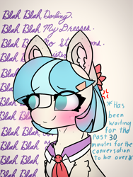 Size: 1500x2000 | Tagged: safe, artist:sodapop sprays, derpibooru import, coco pommel, earth pony, pony, blushing, bored, bust, chest fluff, collar, ear fluff, ears, eye clipping through hair, freckles, implied rarity, rough sketch, solo, text, waiting