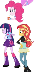 Size: 1205x2520 | Tagged: safe, derpibooru import, edit, edited screencap, editor:homersimpson1983, screencap, pinkie pie, sunset shimmer, twilight sparkle, equestria girls, friendship games, g4, arms, background removed, blouse, boots, bowtie, bracelet, clothes, drinking, eyelashes, female, fingers, frown, hand, hand on hip, holding, jacket, jaw drop, jewelry, juice, juice box, leather jacket, legs, long hair, long sleeves, not a vector, open mouth, orange juice, pants, puffy sleeves, shocked, shocked expression, shoes, short sleeves, skirt, socks, standing, surprised, teenager, top, upside down, vest