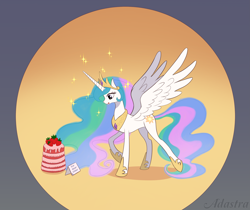 Size: 6749x5680 | Tagged: safe, artist:adastra, derpibooru import, princess celestia, alicorn, pony, g4, cake, cakelestia, cute, female, food, implied princess luna, licking, licking lips, looking at something, simple background, solo, that princess sure does love cake, tongue, tongue out