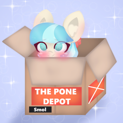 Size: 1226x1226 | Tagged: safe, artist:sodapop sprays, derpibooru import, coco pommel, earth pony, pony, blushing, box, ear fluff, ears, eye clipping through hair, looking up, meme, ponies in boxes, simple background, solo