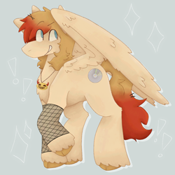 Size: 1280x1280 | Tagged: safe, artist:brynnstic, derpibooru import, oc, oc only, pegasus, pony, blonde, blonde mane, blue eyes, clothes, cutie mark, digital art, drawing, dyed mane, dyed tail, exclamation point, fishnet clothing, fishnet stockings, hairpin, jewelry, necklace, simple background, stars, stockings, tail, thigh highs, wings