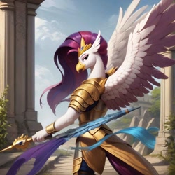 Size: 1024x1024 | Tagged: source needed, safe, ai content, derpibooru import, machine learning generated, queen novo, anthro, classical hippogriff, hippogriff, armor, feathered wings, female, long mane, prompter needed, solo, solo female, wings